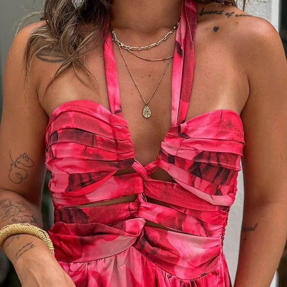 CORAL PRINTED MIDI DRESS WITH CUT OUT AND SLIT - Picture 6 of 10